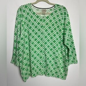 L.L. Bean Green White Lattice Print 100% Cotton Button Front NWOT Sweater Sz 1X